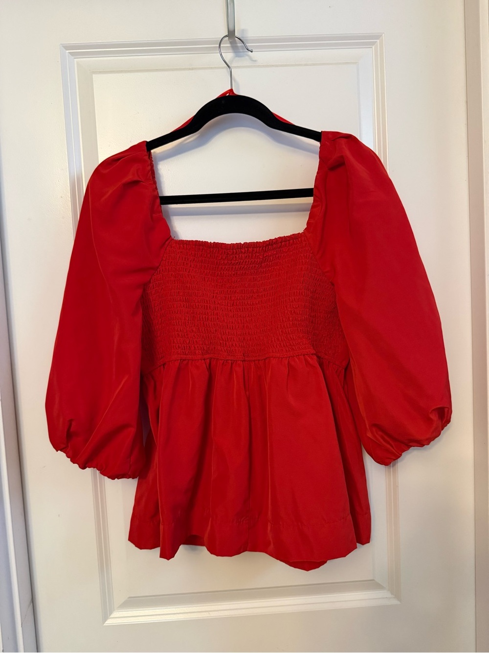 Square-Neck Red Peasant Top with Puff Sleeves - Picture 2 of 4
